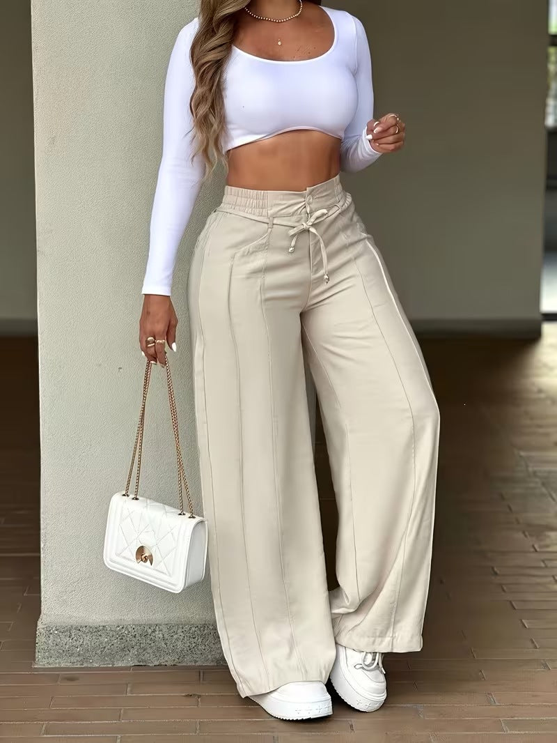 Women's Wide Leg Straight Pants Loose Casual Trousers Drawstring High Waist Multi-Pocket