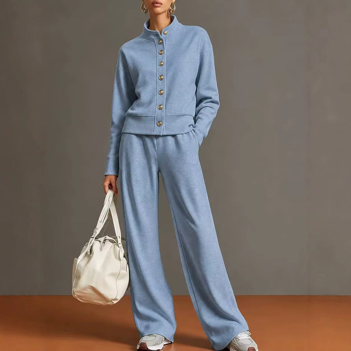 Women's Solid Color Stand Collar Sweatshirt and Wide Leg Pants Casual Two Piece Set