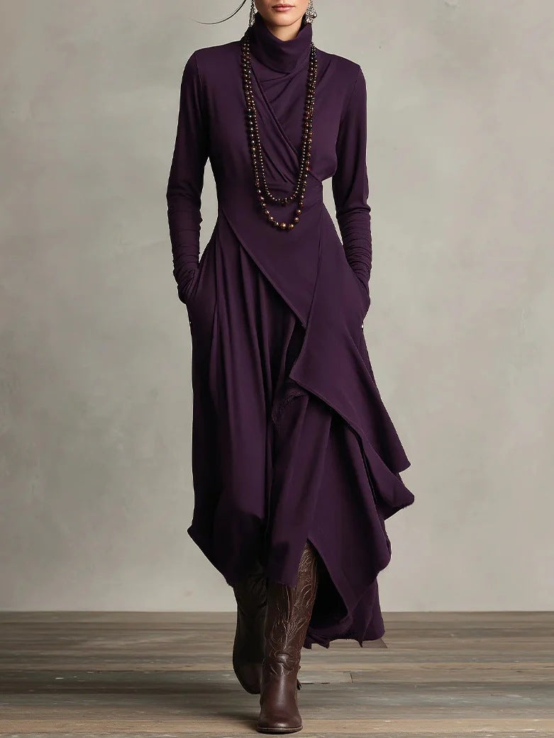 Women's Solid Color Long Sleeve A-Line Knitted Maxi Dress with Half Turtleneck