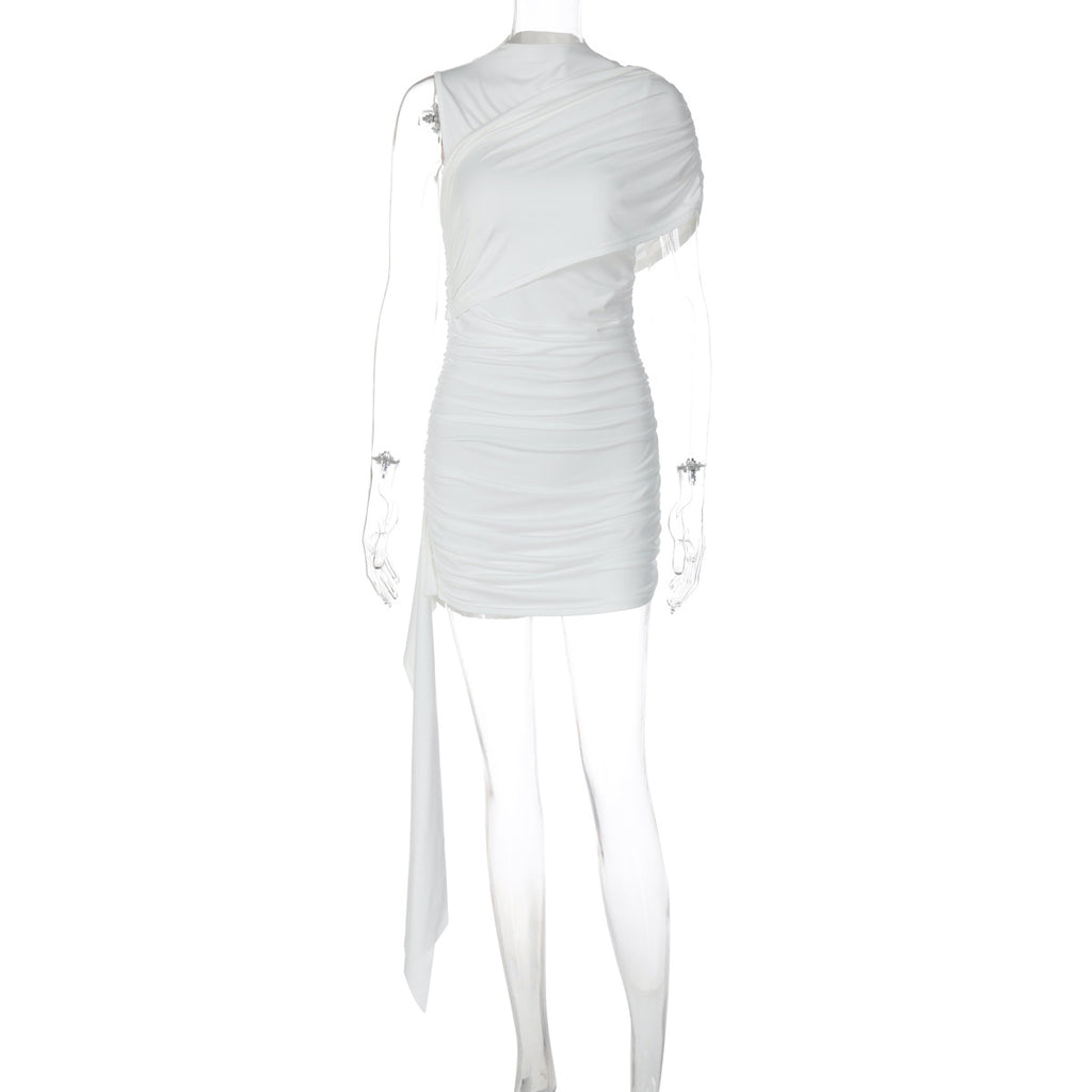 Pure Color Pure Desire High-End Slant Collar Pleated Sleeves Spliced ??Ribbon Dress
