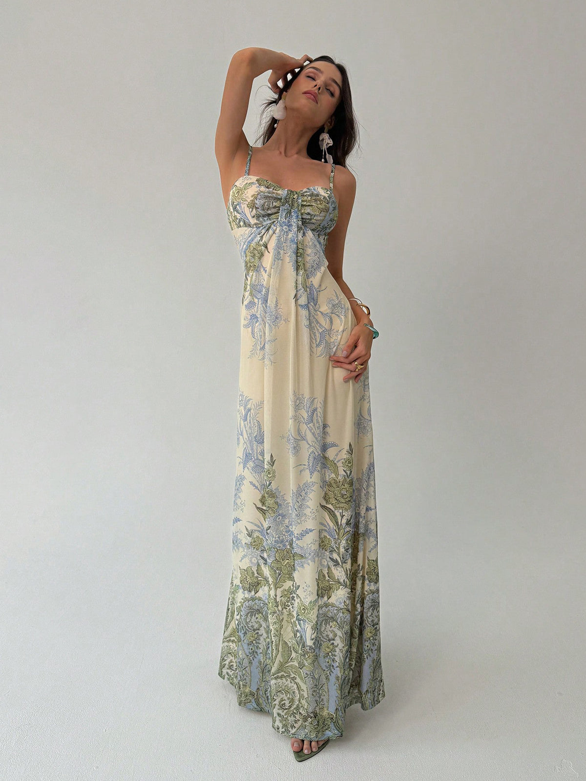Floral Print Twist Waist Halter Long Dress