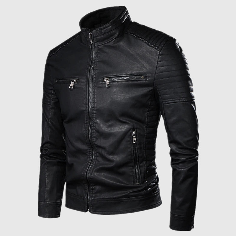 Mens Slim Fit Stand Collar PU Leather Jacket Casual Coat