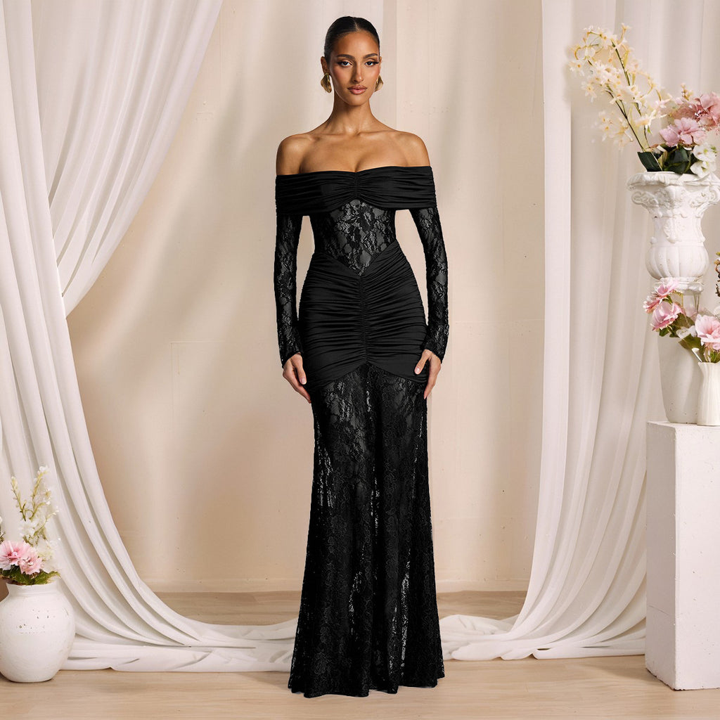 Hollow Lace One-Shoulder Bodycon Evening Dress