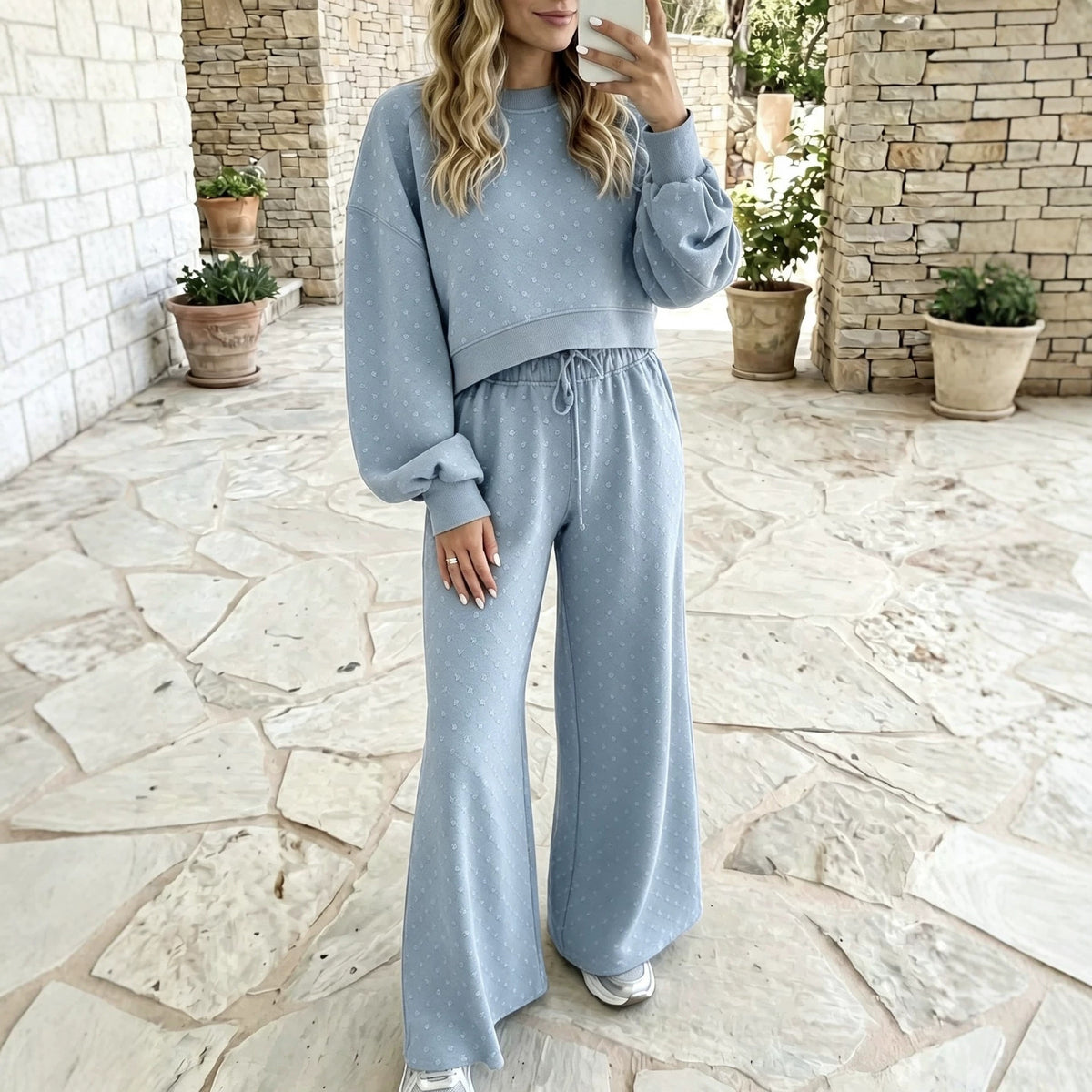 Women's High-Waisted Polka Dot Print Knit Sweatshirt and Wide Leg Pants Set