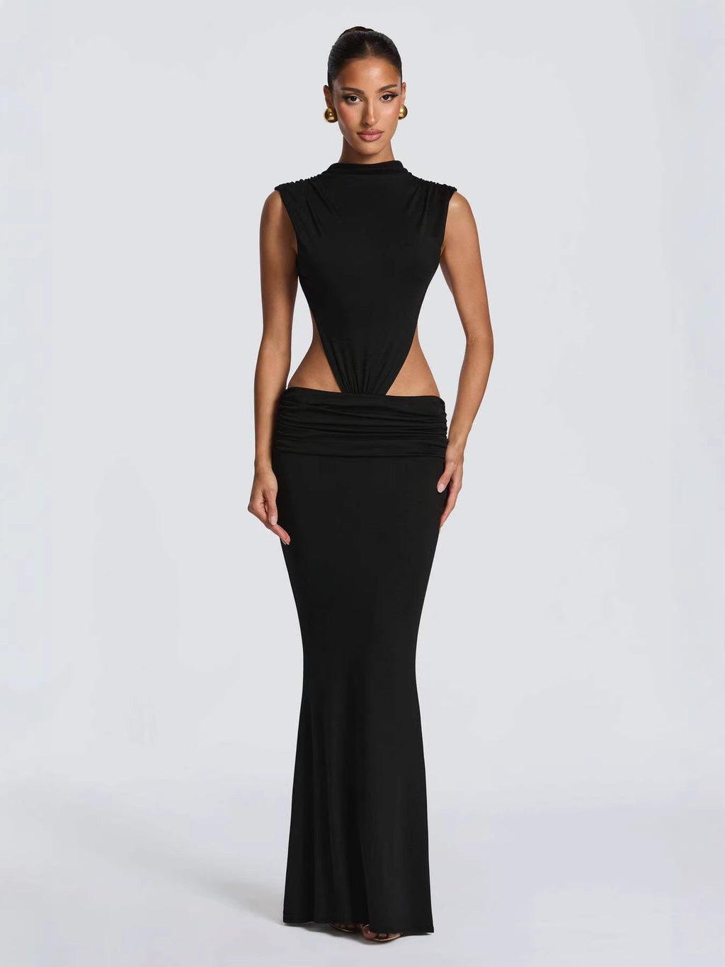 Sheer waist-revealing and backless long dress