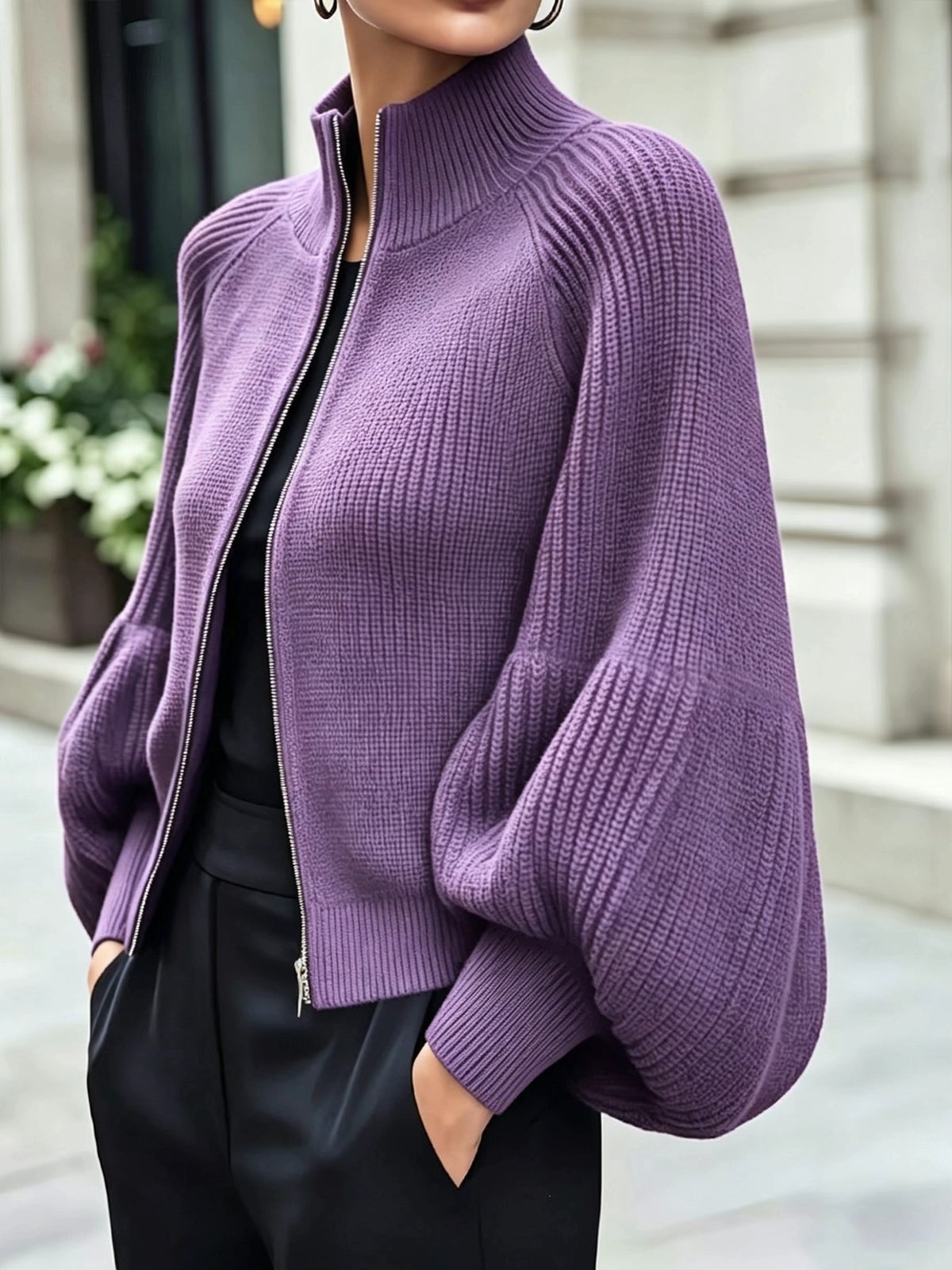 Women's Textured Knit Stand Collar Balloon Sleeve Cardigan