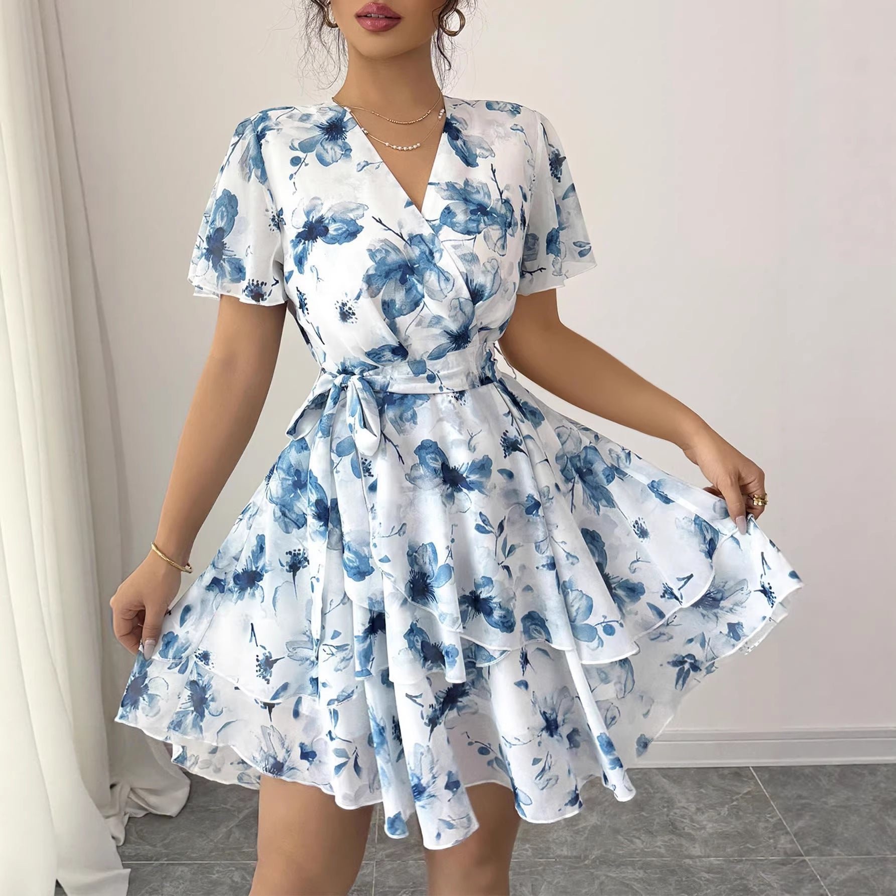 Womens Floral Print V-Neck Short Sleeve Bohemian Swing Dress