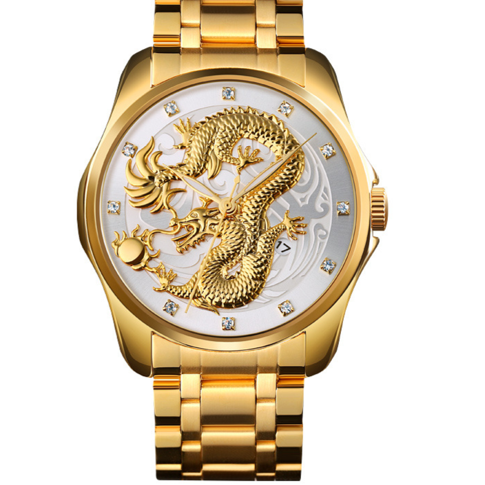 Mens Dragon Embossed Quartz Calendar Watch