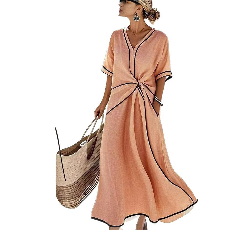 Womens Elegant V-Neck Short Sleeve A-Line Dress Loose Fit