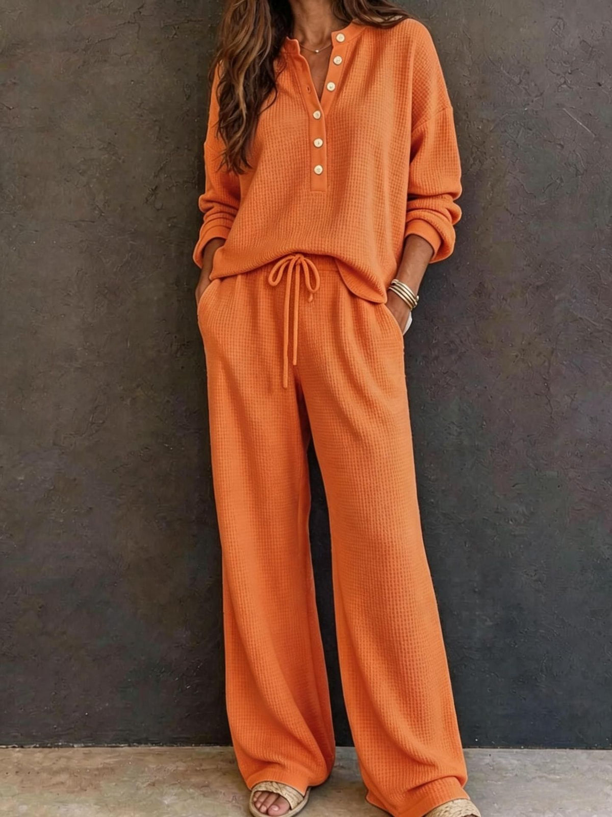 Women's Solid Color Knit Rib Top Straight Pants Set