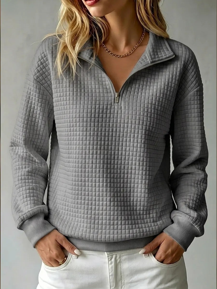 Women's Stand Collar Zip Long Sleeve Waffle Knit Patchwork Sweatshirt