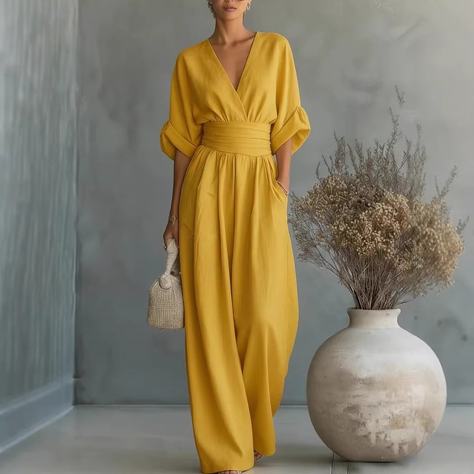Elegant V Neck Waist Cinching Women Jumpsuit