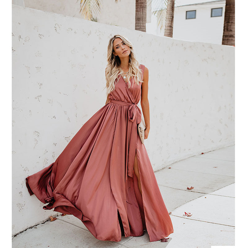 2026 Cross-Border Plus-Size Women's New Bohemian Style Solid Color V-Neck Sleeveless High-Slit Plus-Size Long Dress
