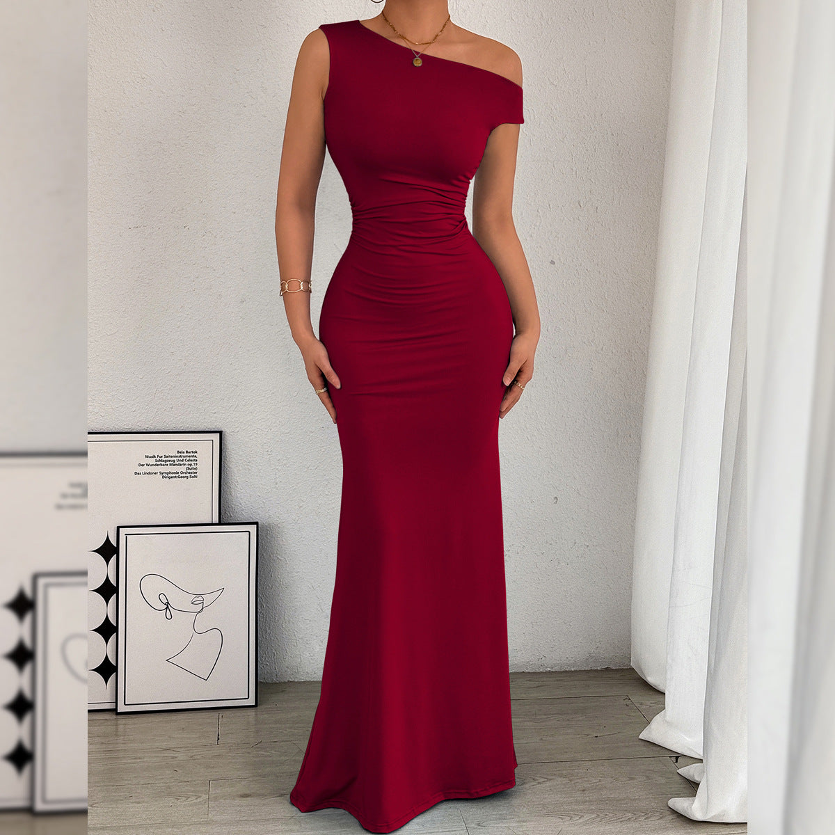 One-Shoulder Fishtail Hem Pleated Waist Long Sleeveless Dress