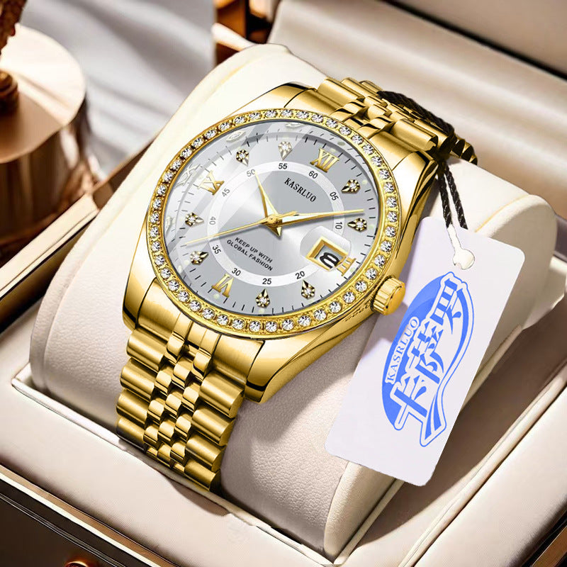 Roman Numerals Diamond Calendar Steel Band Watch