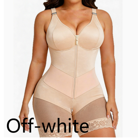 Front Zipper Shapewear Bodysuit with Lace Trim