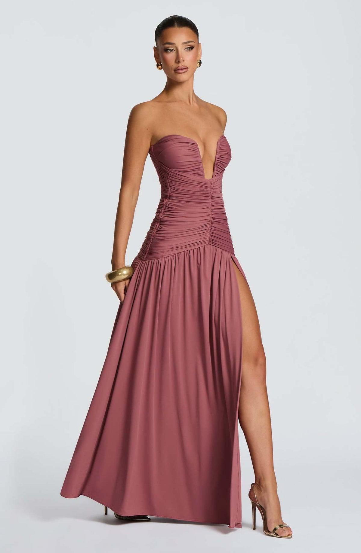 Women Elegant Solid Color Strapless High-Slit Ruched Slim-Fit Dress