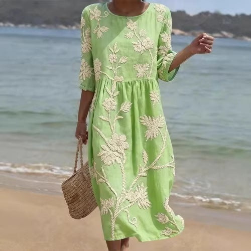 Women Casual Long Sleeve Round Neck Side Pocket Midi Dress