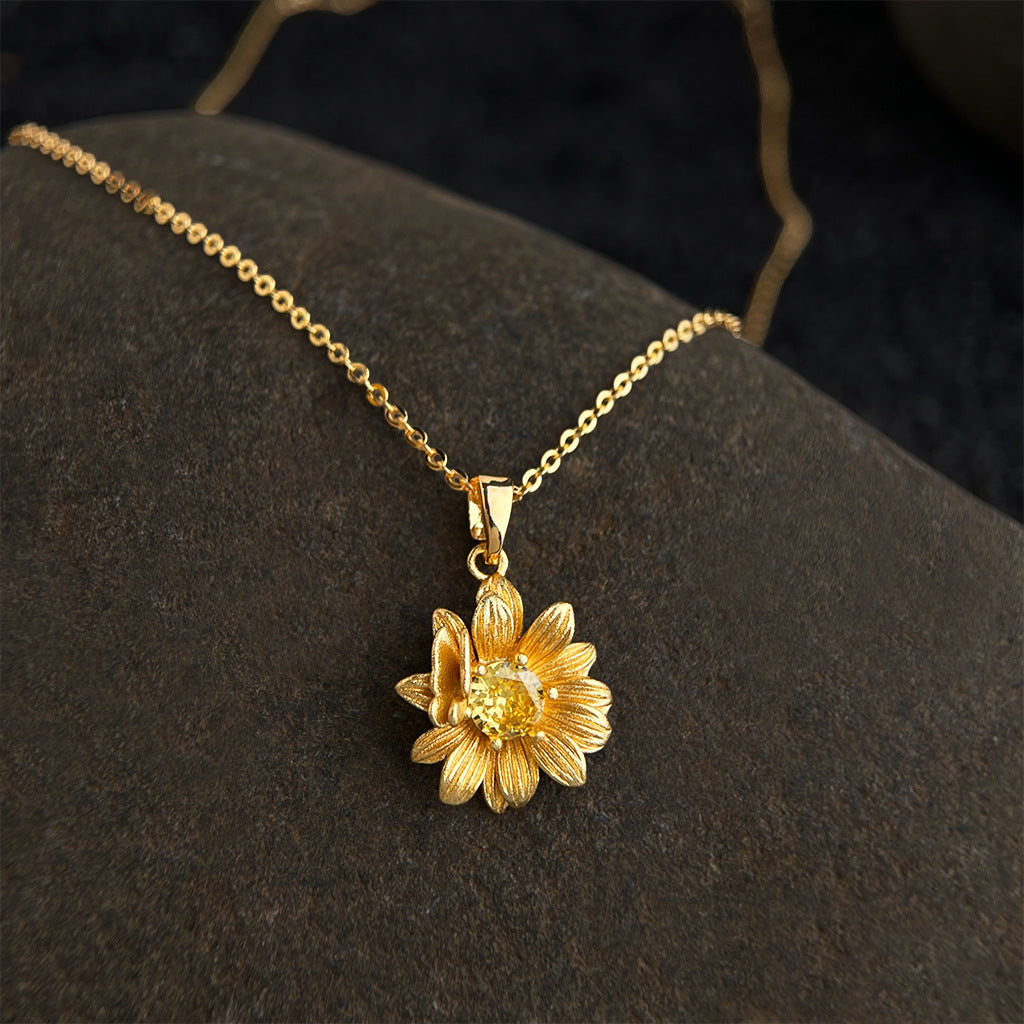 18K Gold Plated Sunflower Butterfly Zircon Necklace