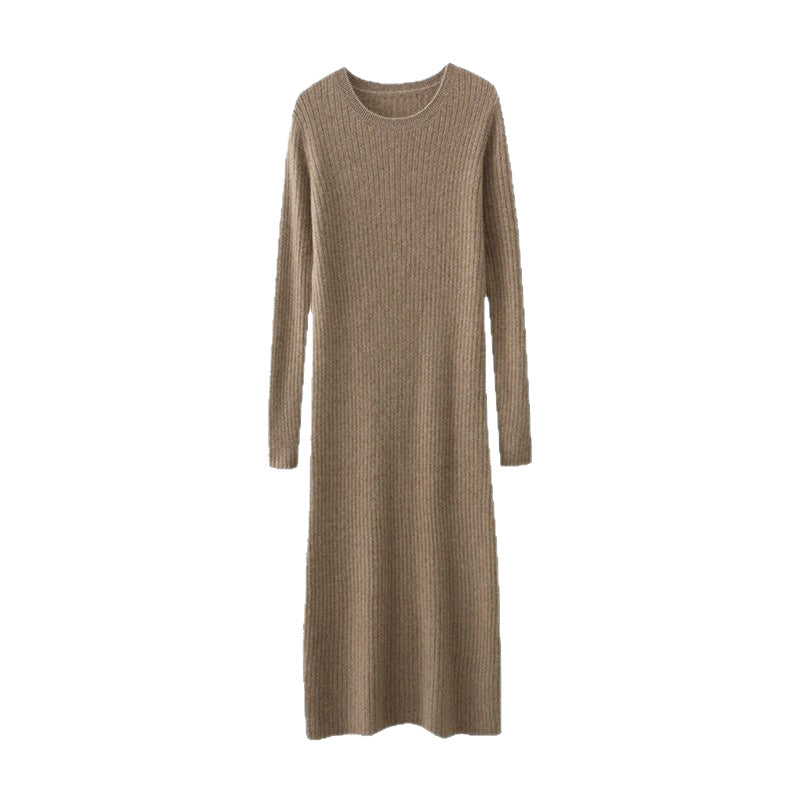 Women's Solid Wool Knitted Maxi Dress Round Neck Slim Fit Long Sleeve