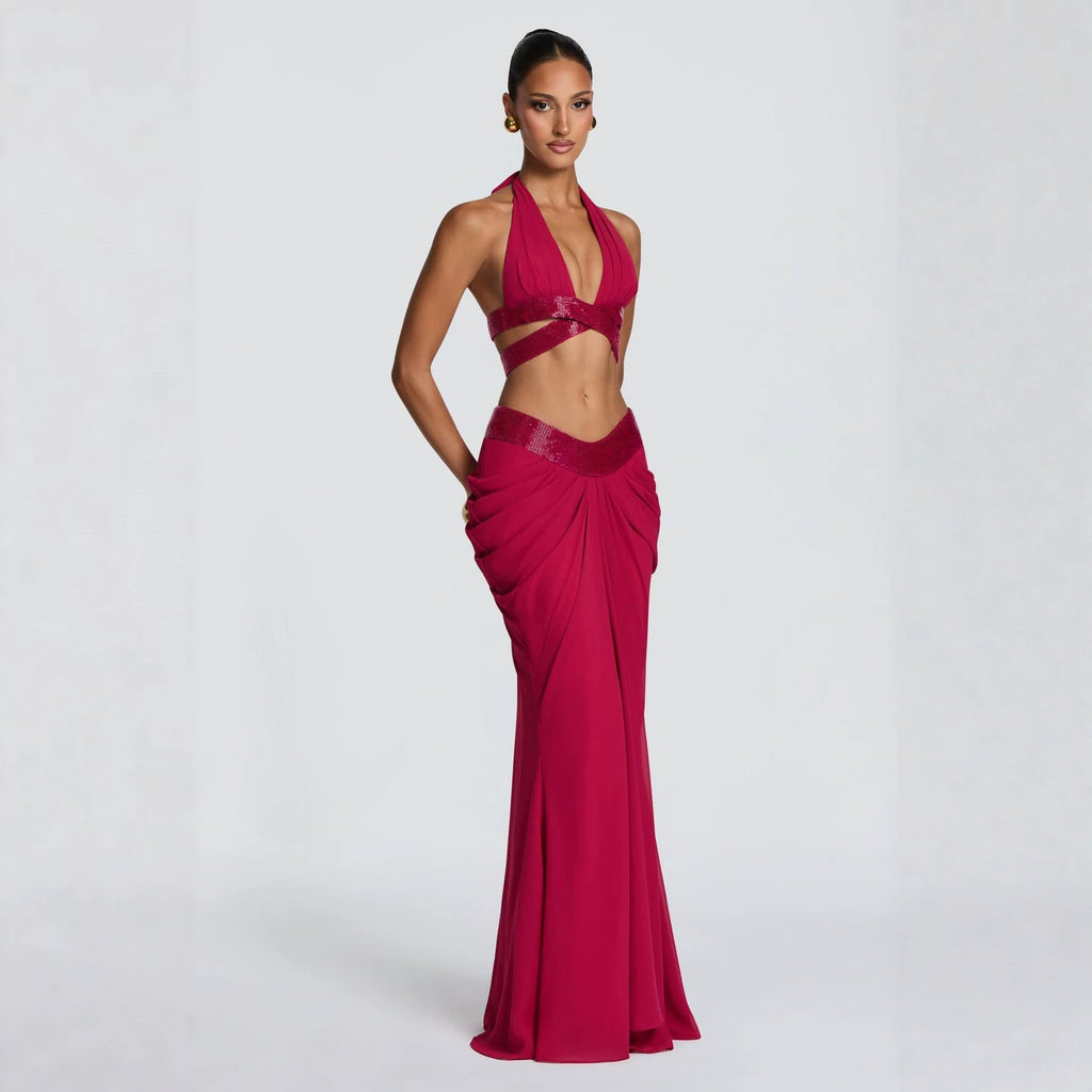 Halter Neck Deep V Sequin Two Piece Set Short Camisole Long Skirt