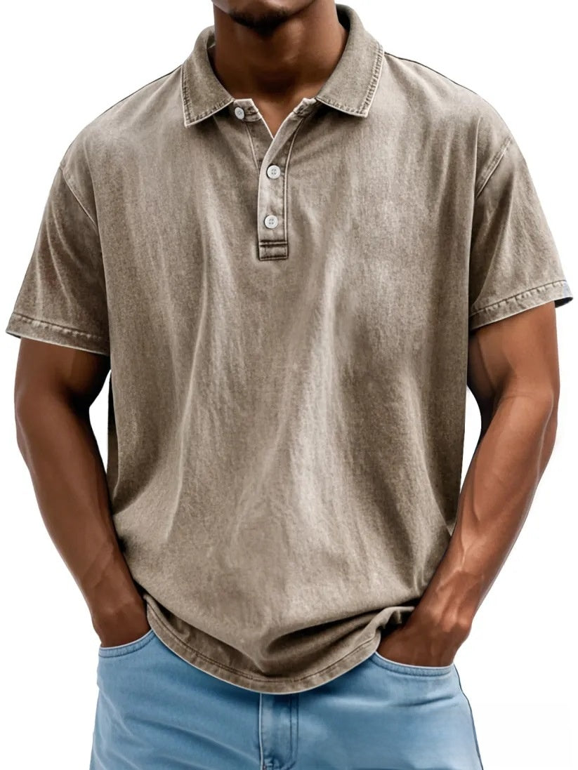 Men's Retro Washed Pure Cotton Casual Versatile Short-Sleeve Button-Down T-Shirt