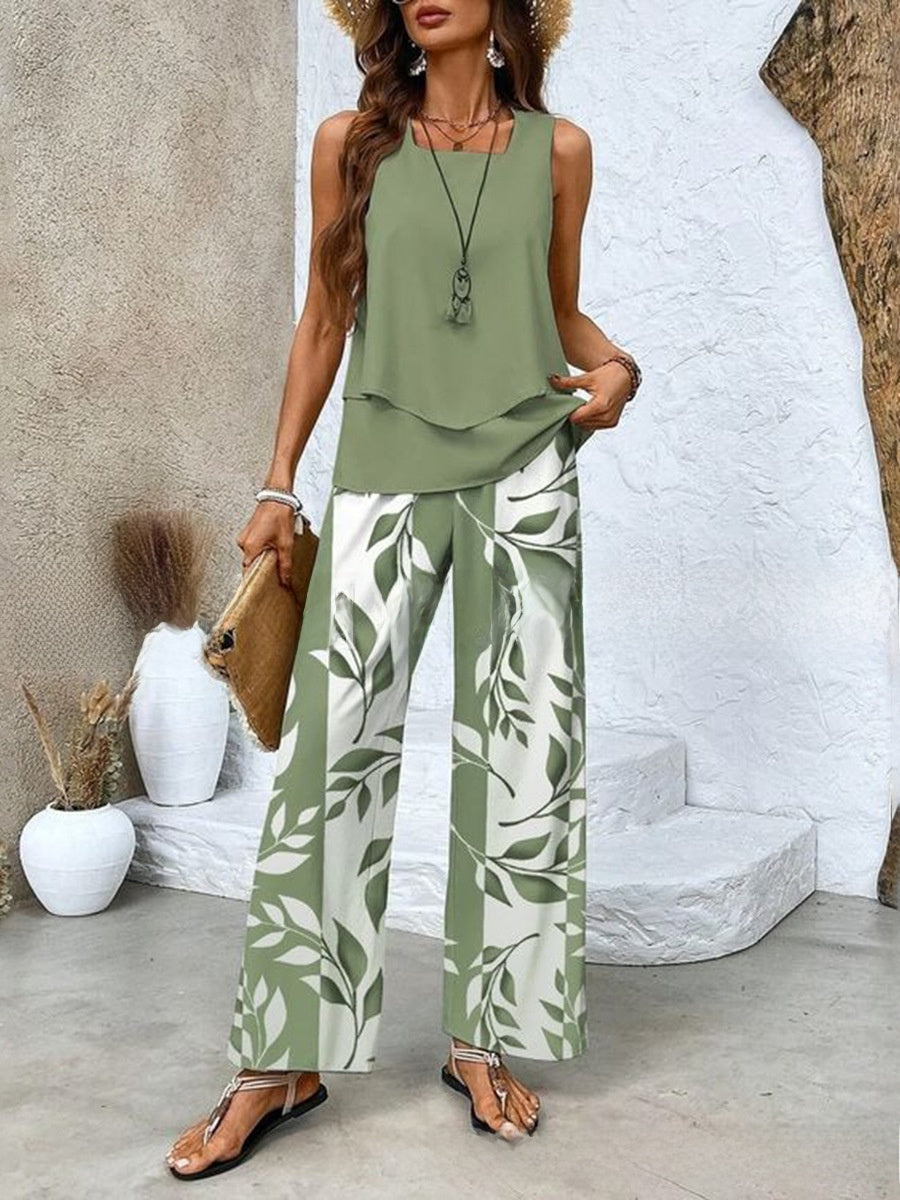 Womens Sleeveless Double-Layer Vest Top and Pants Set