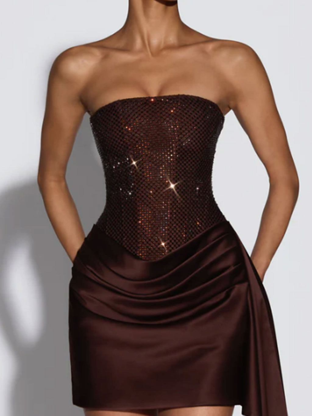 Strapless Dress with Rhinestones, Satin Asymmetrical Short Skirt, Party Nightclub Tight-Fitting Elegant Gown
