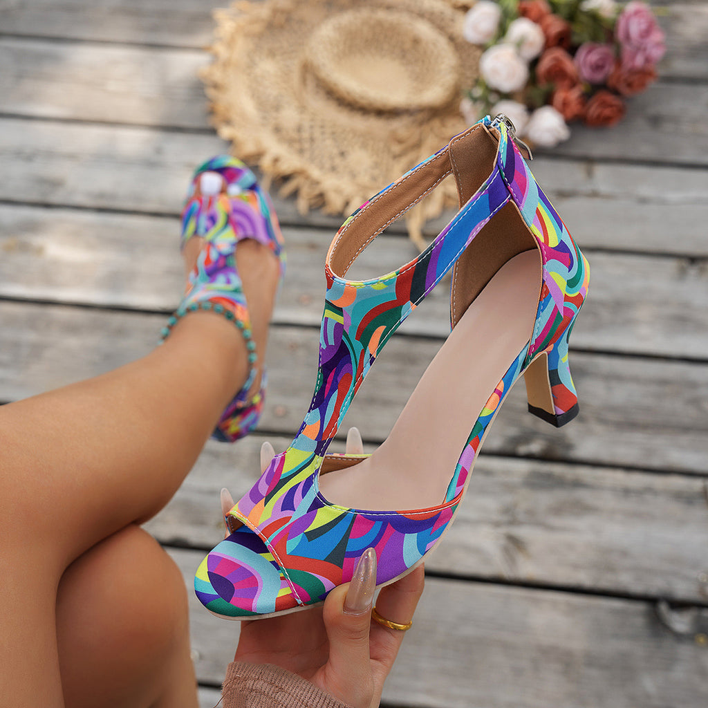 Plus Size Round Toe Open Toe Sandals for Women with Back Zipper Wedge Heel