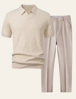 Men Casual Loose Beach Short Sleeve Shirt and Pants Two-Piece Set