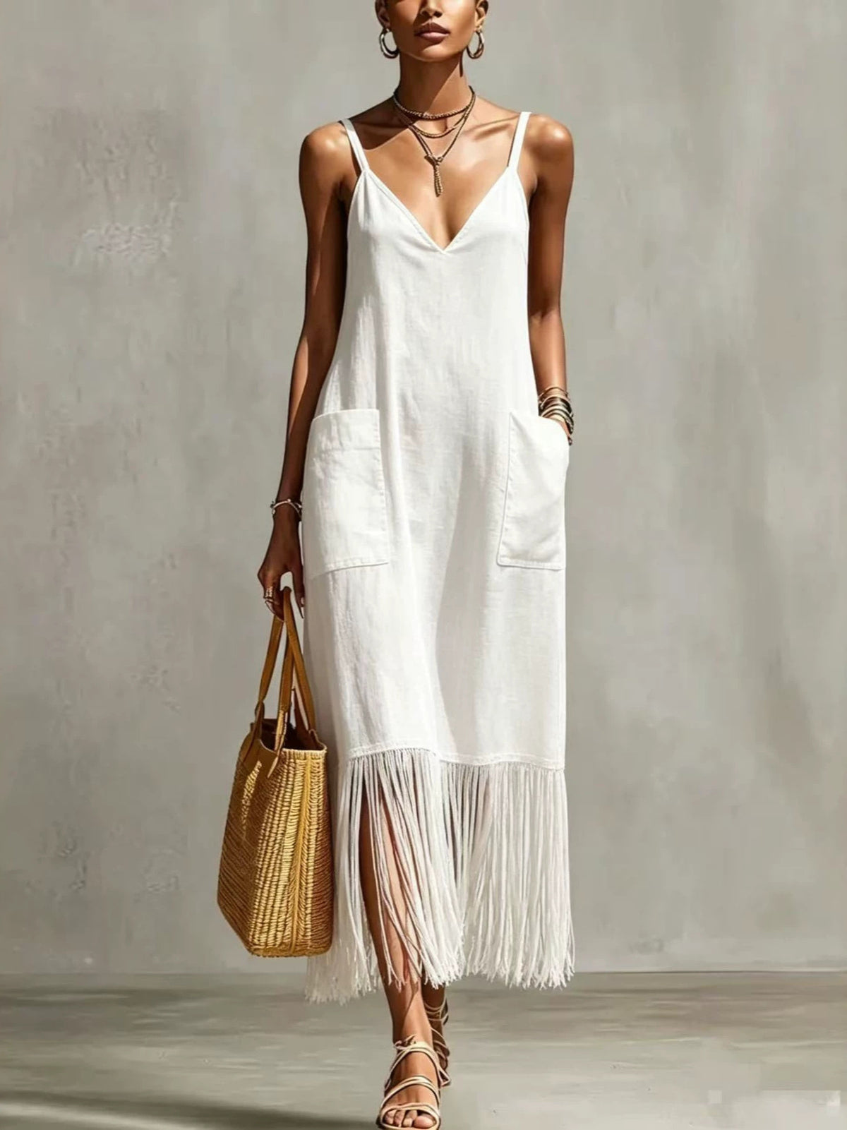 V-Neck Sleeveless Tassel Dress