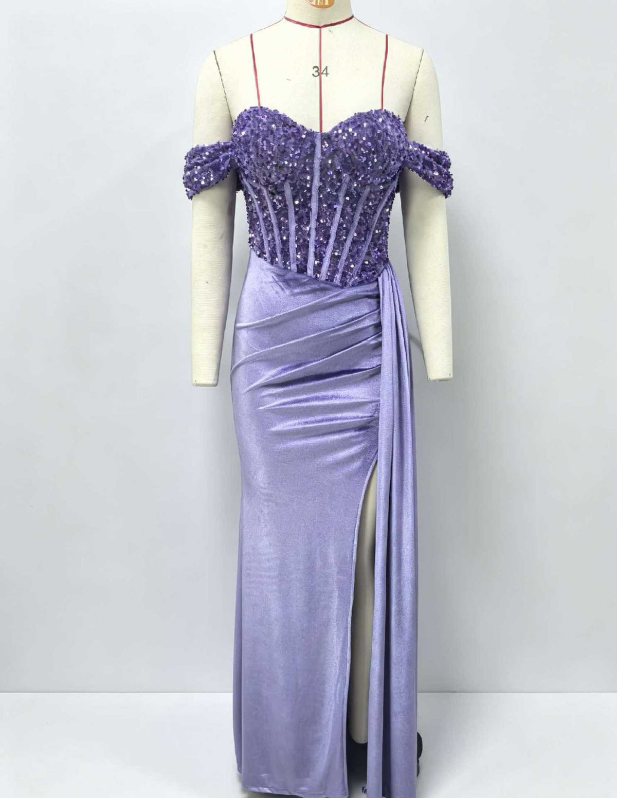 Off Shoulder Sequin Pleated Satin Evening Dress With Slit