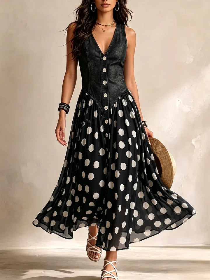 Fashion Casual Printed Faux Denim Top Polka Dot Skirt