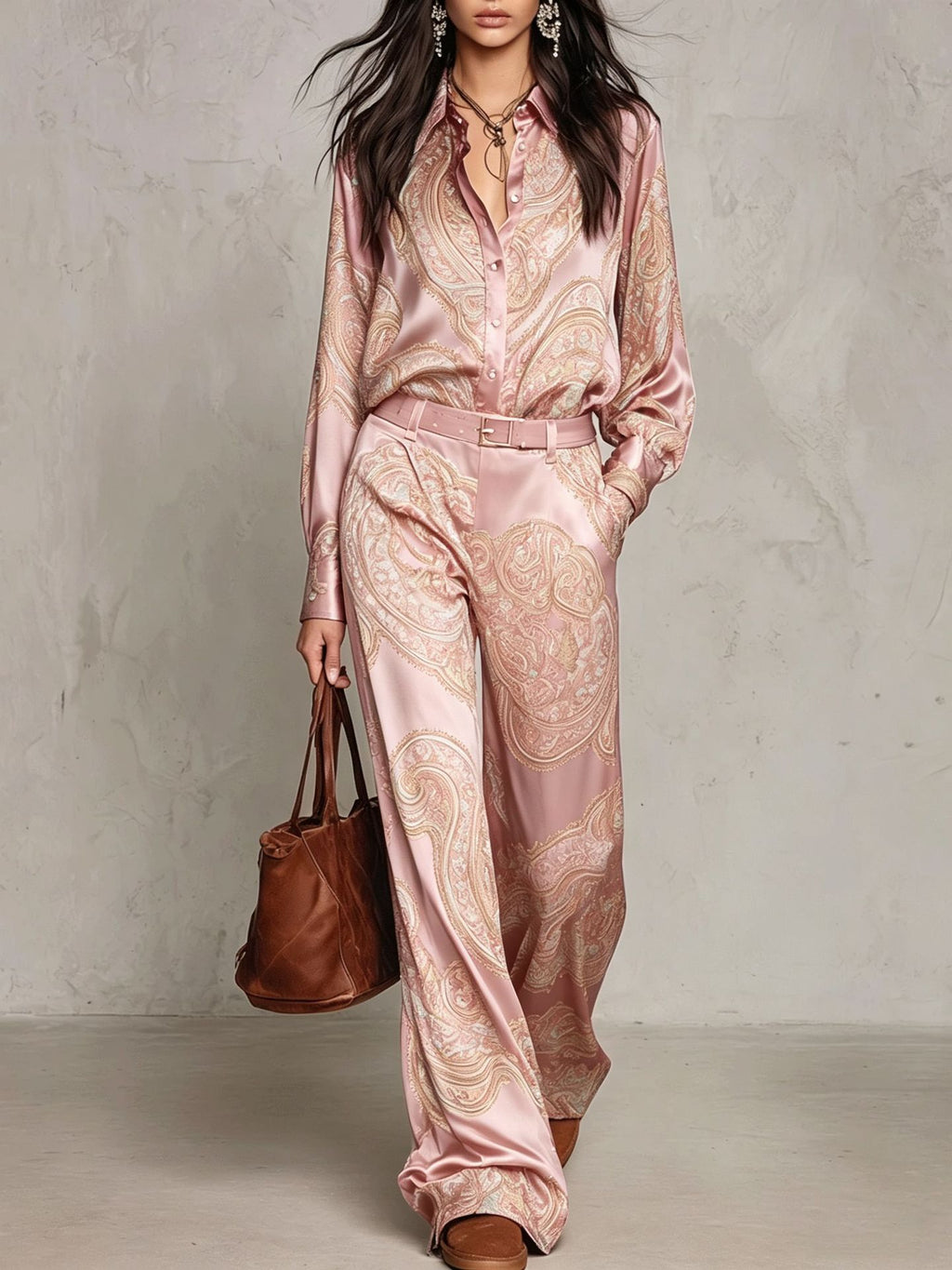 Women's Paisley Print Shirt and Wide-Leg Pants Two-Piece Set