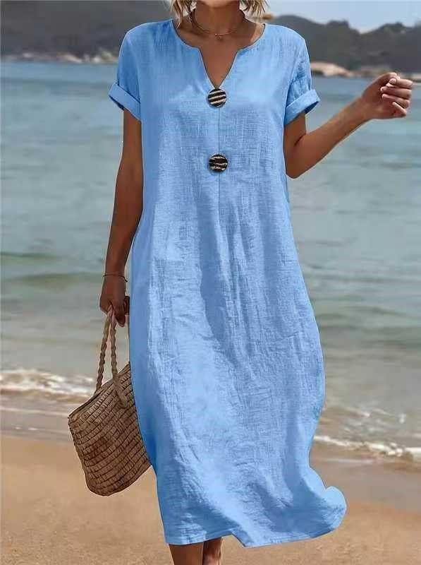 A casual solid-color cotton and linen dress for ladies