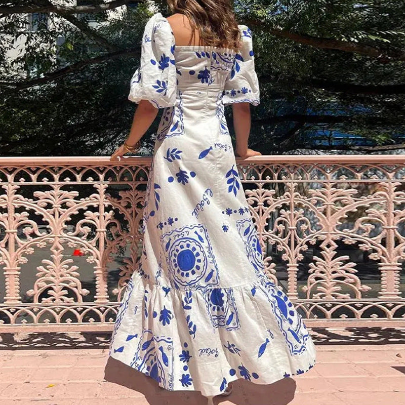 Flared Lantern Sleeve Printed Dress