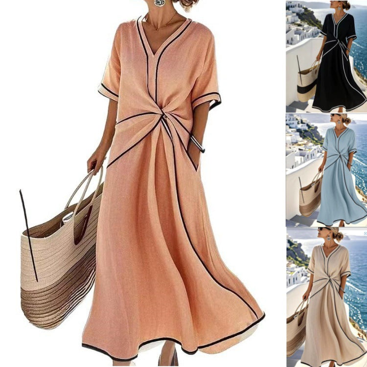 Womens Elegant V-Neck Short Sleeve A-Line Dress Loose Fit