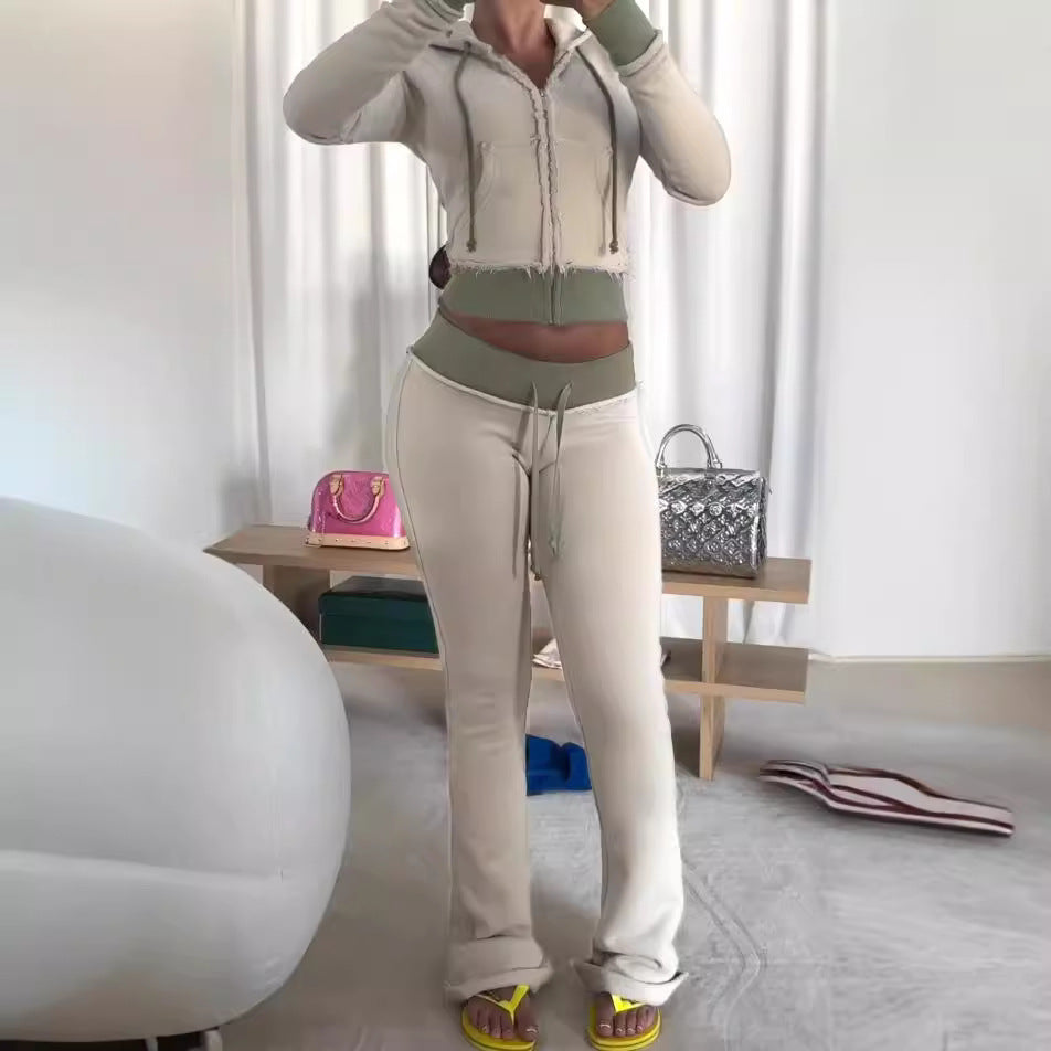 Women's Short Zip-Up Hoodie and Flared Pants Two-Piece Set