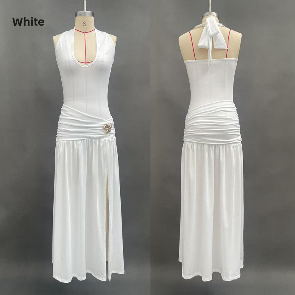 Slim Fit Solid Color Long Split Dress