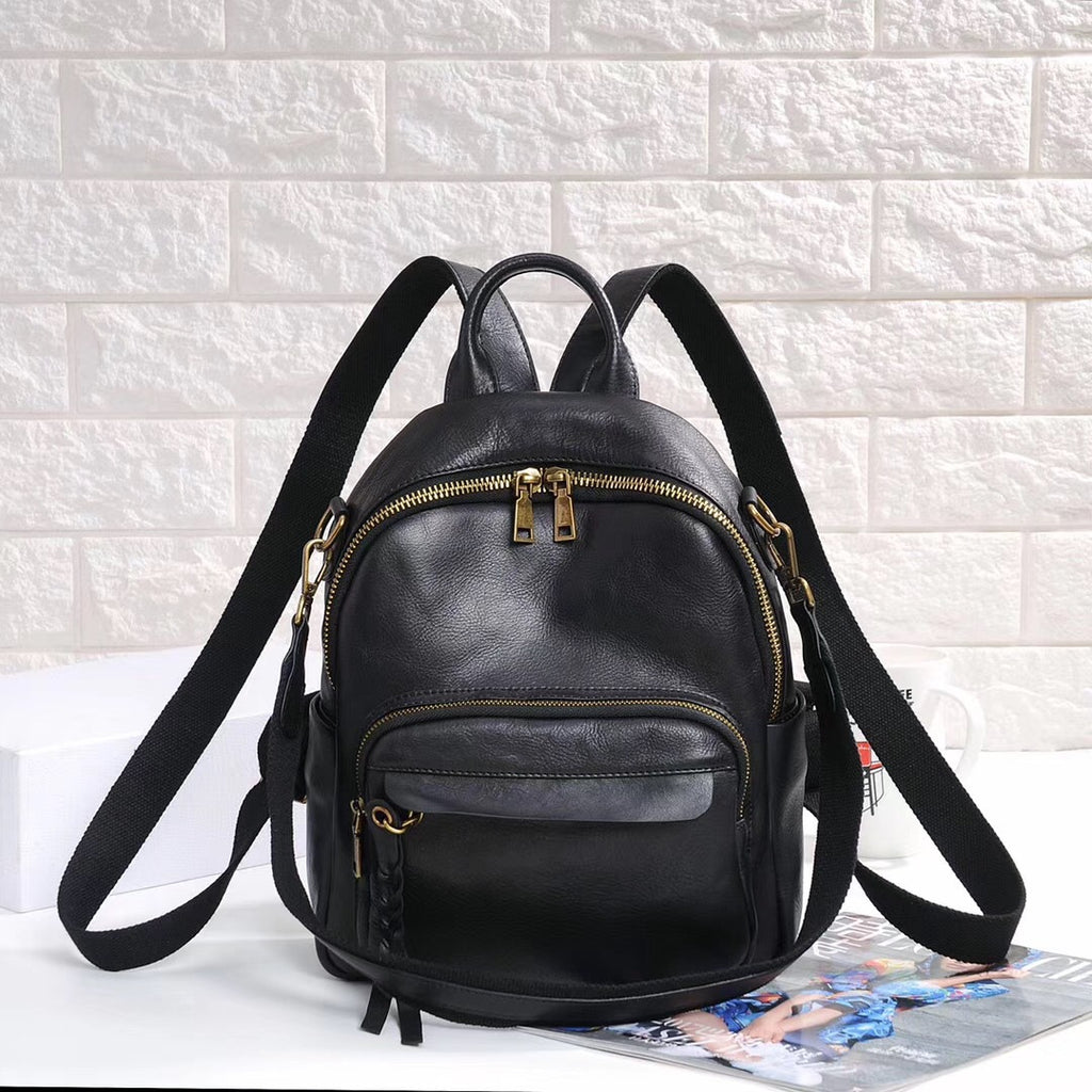 Genuine Leather Backpack Women First Layer Cowhide Retro Solid Color Student Schoolbag