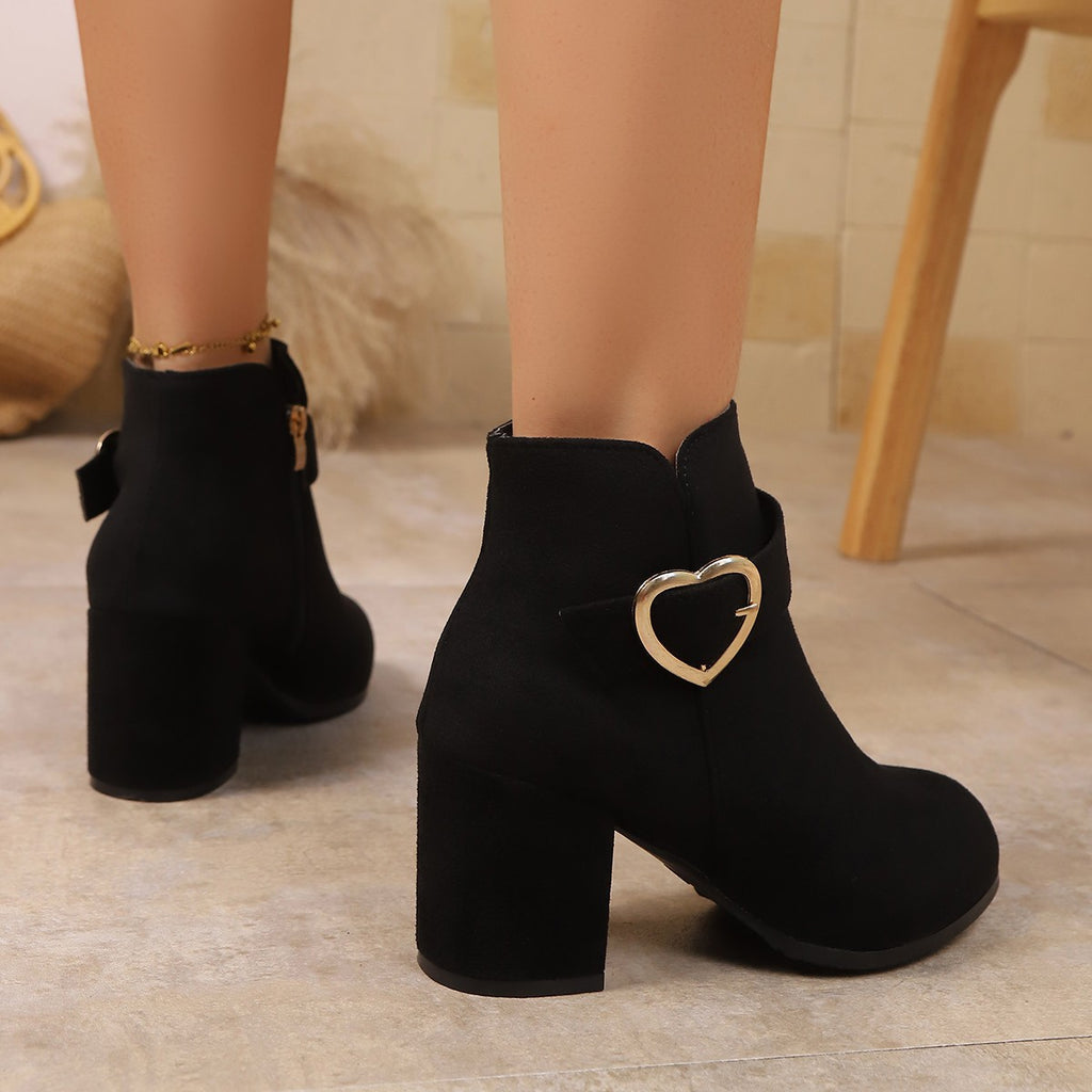 Women's Heart Metal Buckle Suede Mid-Heel Short Boots with Side Zipper