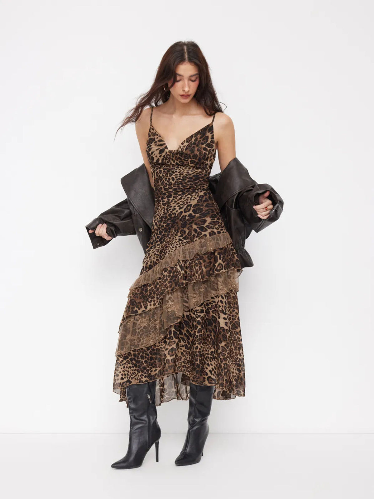 Leopard Print Sheer Mesh Sling Dress