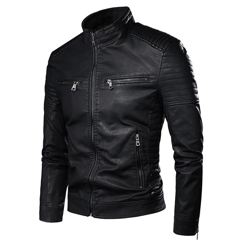 Mens Slim Fit Stand Collar PU Leather Jacket Casual Coat