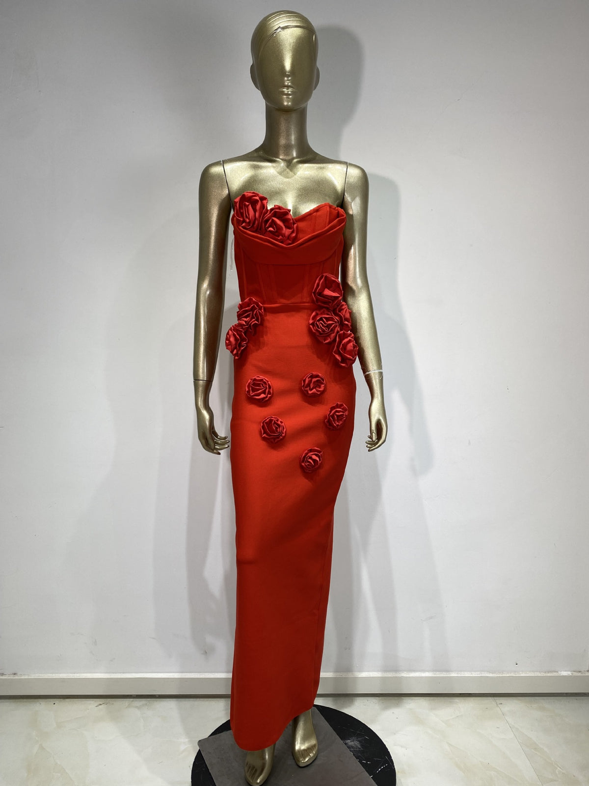 Womens Floral Applique Strapless Long Dress