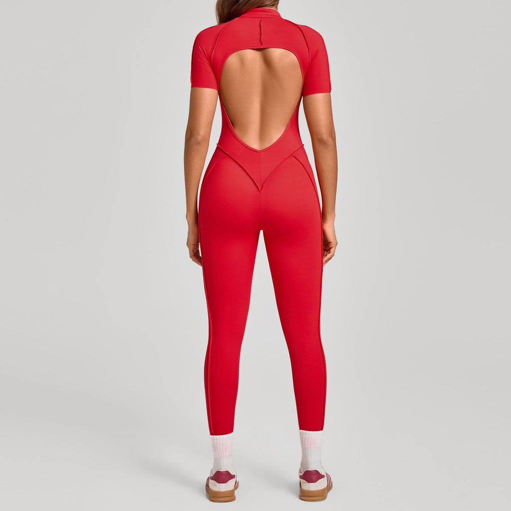 Stand-Up Collar Half-Zip Short-Sleeve Jumpsuit