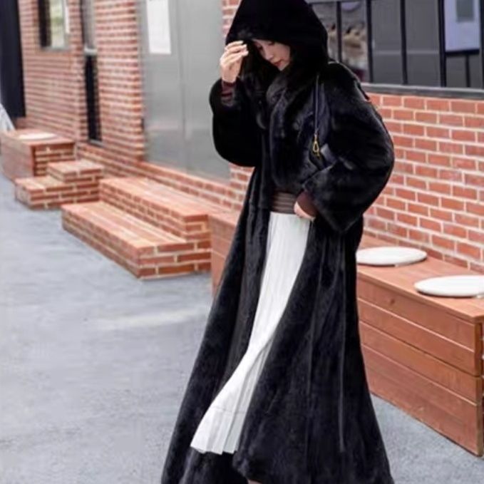 Extra-Long Faux Fur Hooded Coat with Belt for Women