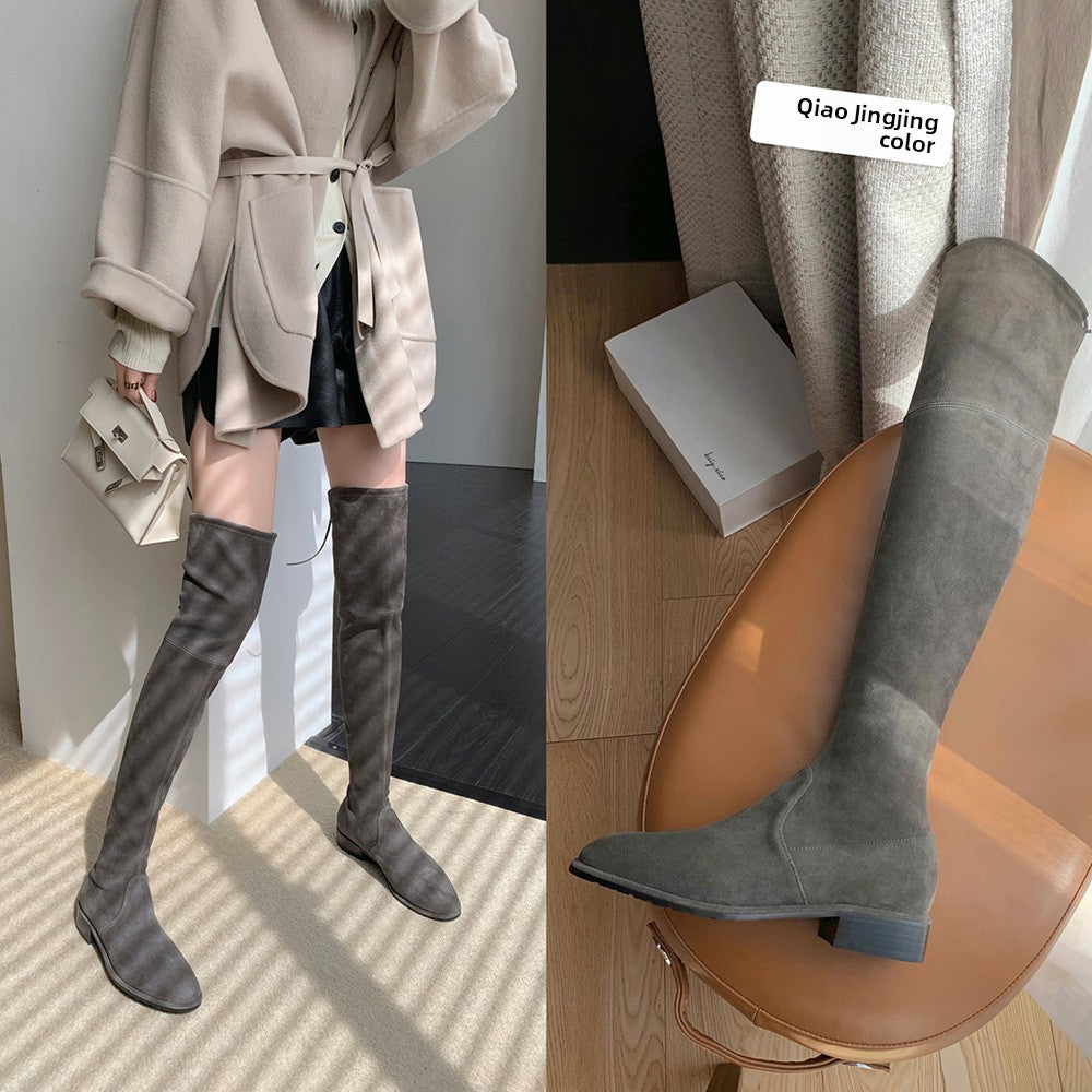 Womens Over Knee Suede Boots Elastic Thick Heel