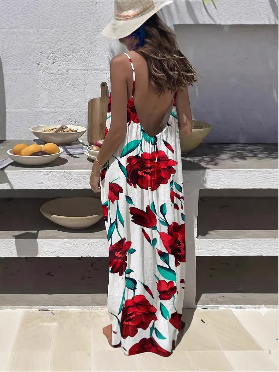 Womens Backless Loose Print Slip Dress