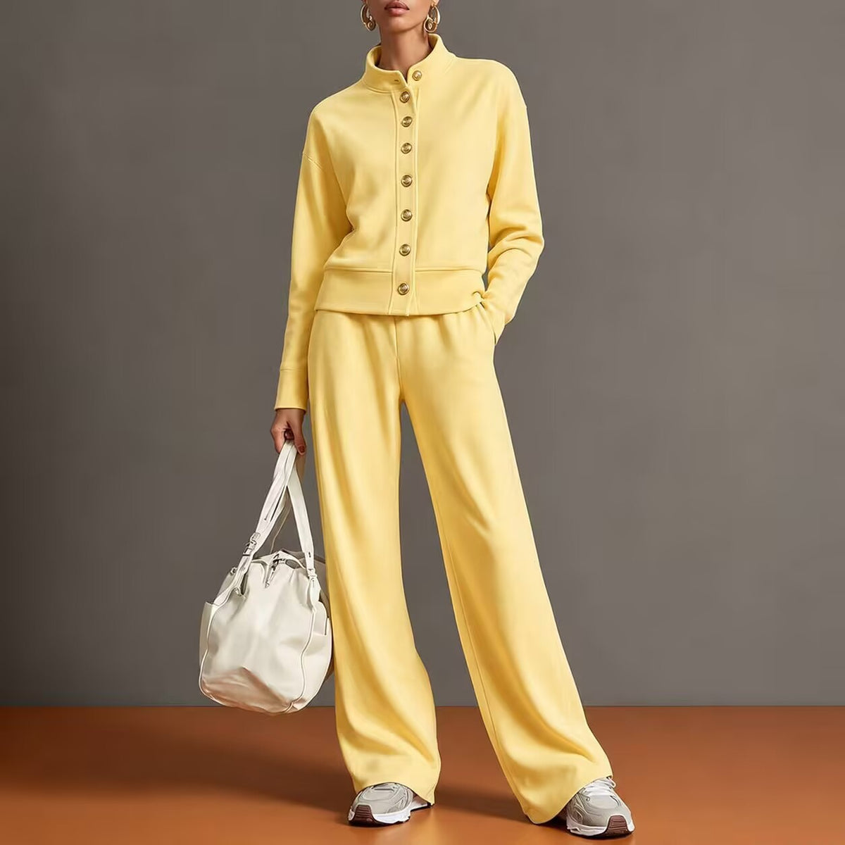 Women's Solid Color Stand Collar Sweatshirt and Wide Leg Pants Casual Two Piece Set