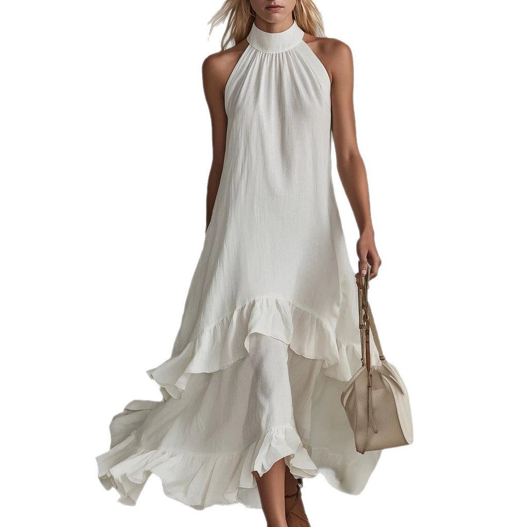 Women's Sleeveless Halter Ruffle Hem Mid-Length Summer Dress